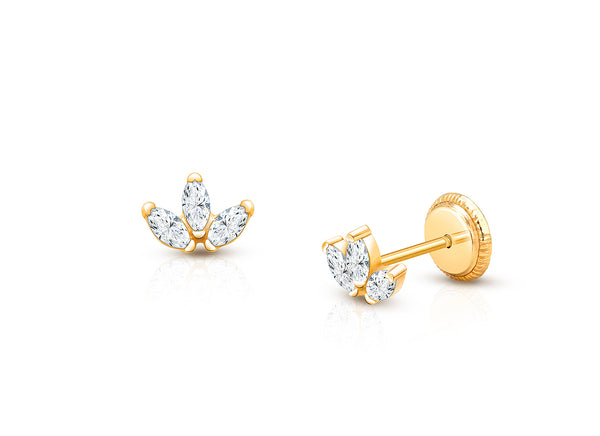 Twinkling Trio, Marquise CZ Cluster Christening/Baptism Baby/Children’s Earrings, Screw Back – 14K Gold