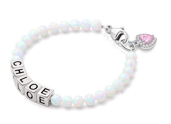 4mm Opals, Lab Created White Opal Baby/Children’s Name Bracelet for Girls – Sterling Silver