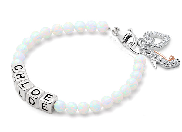 4mm Opals, Lab Created White Opal Teen’s Name Bracelet for Girls – Sterling Silver