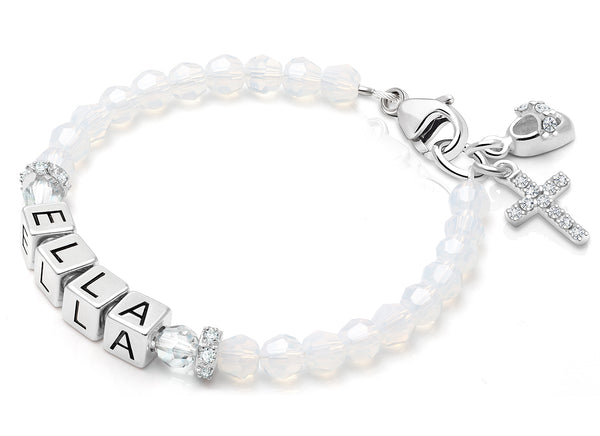 tB® Signature Crystal™ White Opal Christening/Baptism Baby/Children’s Name Bracelet for Girls – Sterling Silver