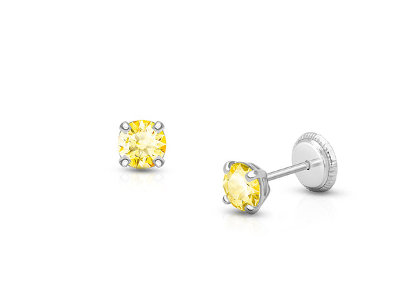 November Birthstone Studs, 4mm Swarovski® Crystal Teen’s Earrings, Screw Back – 14K White Gold