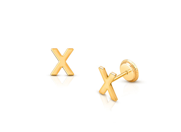 ‘X’ Initial Studs Personalized Baby/Children’s Earrings, Screw Back – 14K Gold