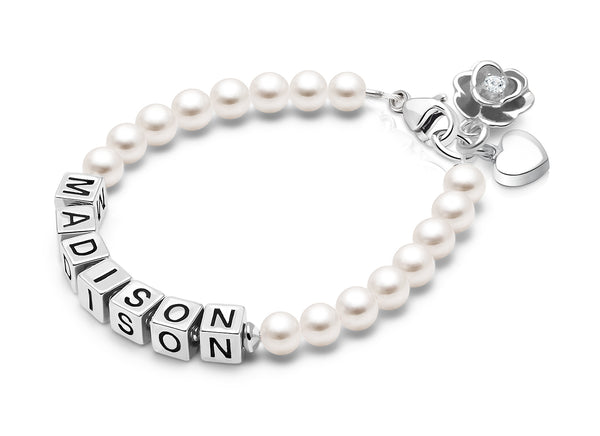 4mm Cultured Pearls, Teen’s Name Bracelet for Girls – Sterling Silver