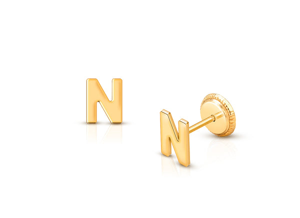 ‘N’ Initial Studs Personalized Baby/Children’s Earrings, Screw Back – 14K Gold