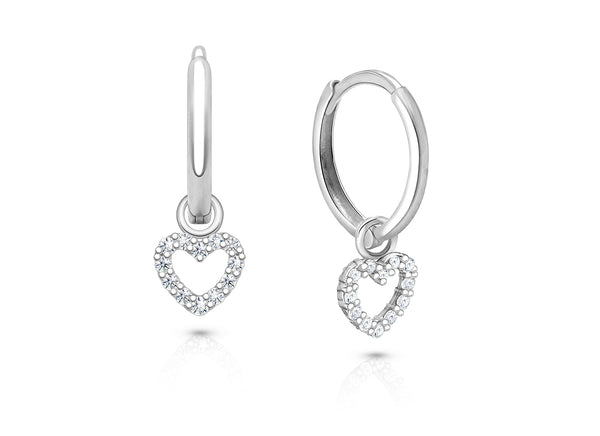 11mm Classic Huggie Hoops with Pavé Heart Dangle, First Holy Communion Earrings – Sterling Silver