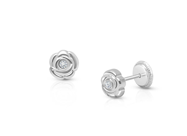 Blushing Rose, Clear CZ Studs Teen’s Earrings, Screw Back – 14K White Gold