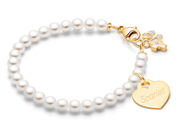 4mm Cultured Pearls, First Holy Communion Beaded Bracelet for Girls (Includes Engraved Charm) – 14K Gold