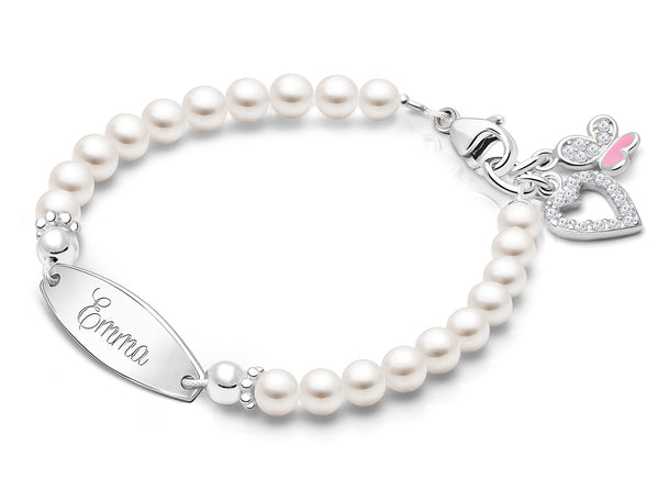 4mm Cultured Pearls, Baby/Children’s Engraved Bracelet for Girls – Sterling Silver