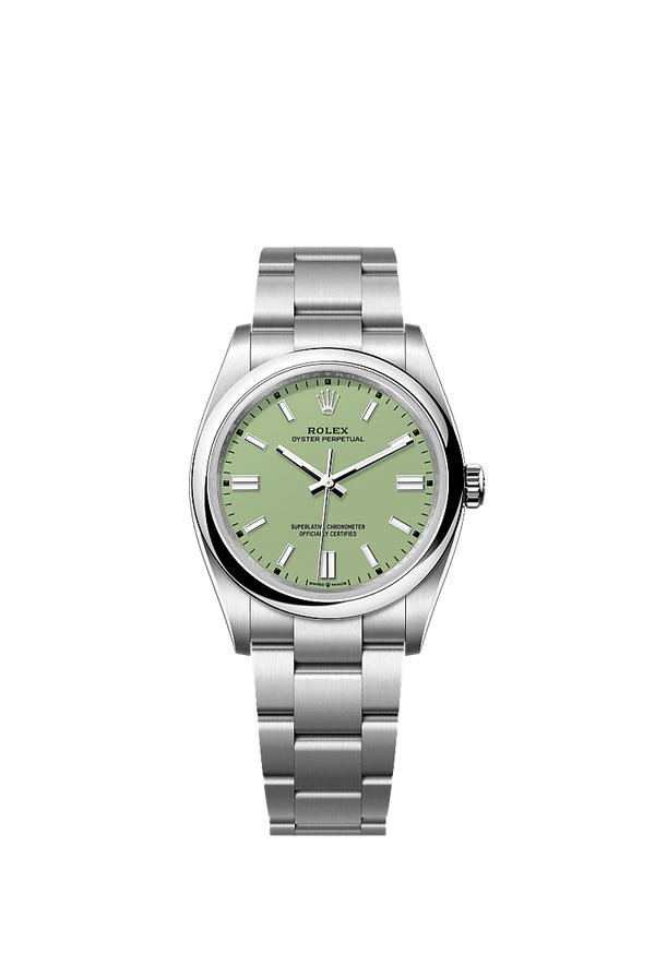 Unworn 2025, Oyster Perpetual, Oystersteel 36mm, Pistachio-green dial, Domed Oyster, Ref# 126000-0011, box and papers