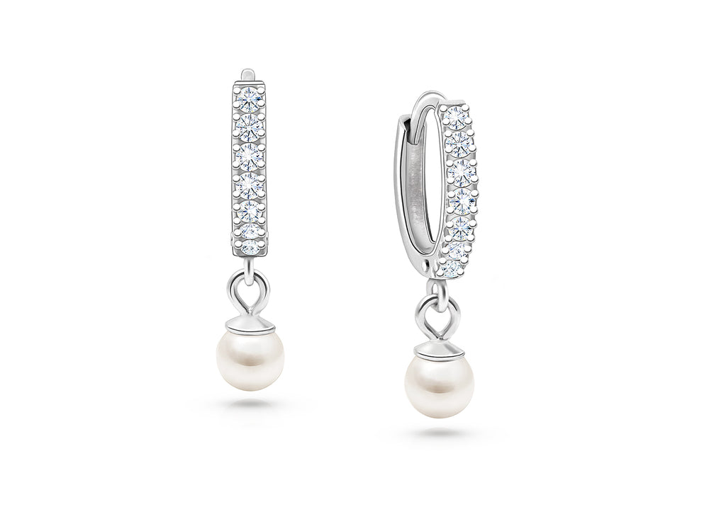 Timeless Pavé CZ 11mm Huggie Hoops with Pearl Dangle, Christening/Baptism Baby/Children’s Earrings – Sterling Silver