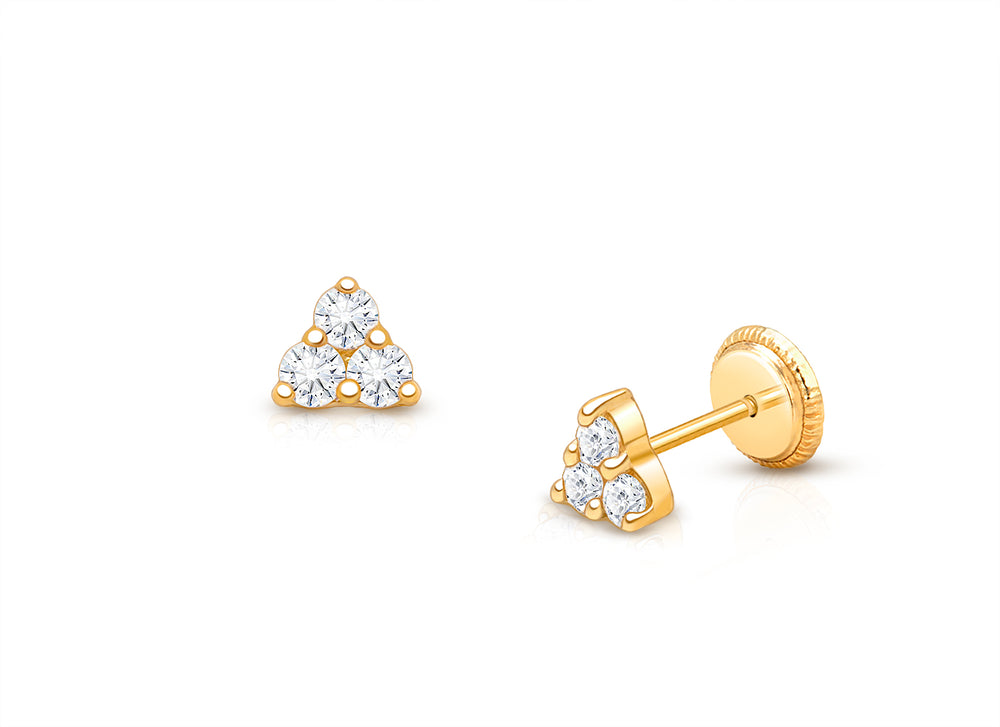 Tiny Trinity, Clear CZ Cluster, Christening/Baptism Baby/Children’s Earrings, Screw Back – 14K Gold