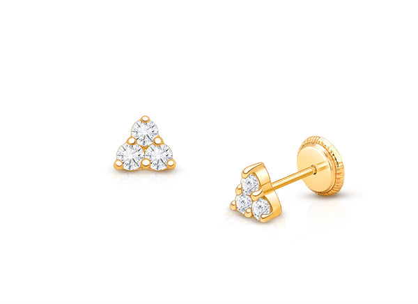 Tiny Trinity, Clear CZ Cluster, Christening/Baptism Baby/Children’s Earrings, Screw Back – 14K Gold