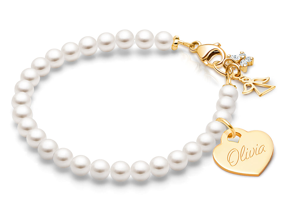 4mm Cultured Pearls, Teen’s Beaded Bracelet for Girls (INCLUDES Engraved Charm) – 14K Gold