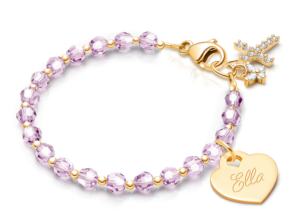 Birthstone Crystal, Teen’s Beaded Bracelet for Girls (Includes Engraved Charm, All 12 Birthstones Avail) – 14K Gold