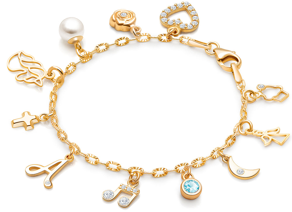 14K Gold Charm Bracelet, Design Your Own Christening/Baptism Baby/Children’s Link Chain Bracelet for Girls (INCLUDES Diamond Initial & Religious Charm