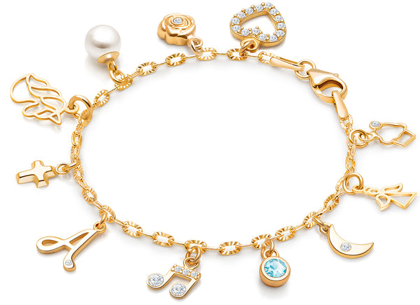 14K Gold Charm Bracelet, Design Your Own Christening/Baptism Baby/Children’s Link Chain Bracelet for Girls (INCLUDES Diamond Initial & Religious Charm