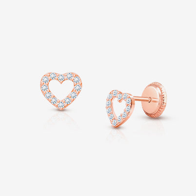 Love of Mine, Clear Pavé CZ Heart, First Holy Communion Children’s Earrings, Screw Back – 14K Rose Gold