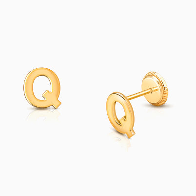 ‘Q’ Initial Studs Personalized Baby/Children’s Earrings, Screw Back – 14K Gold