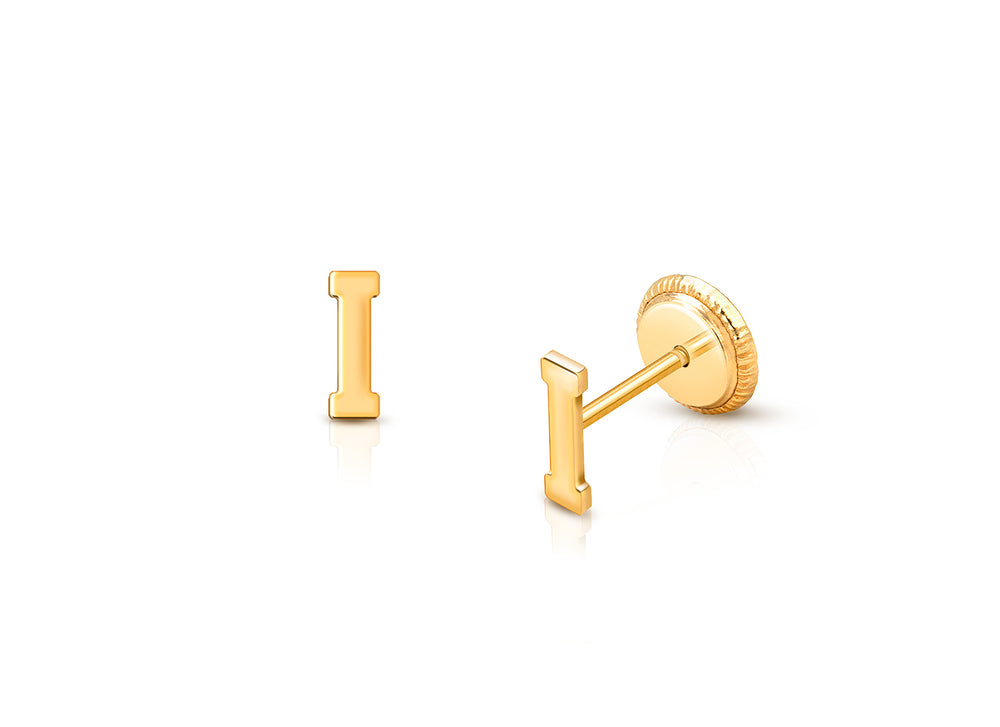 ‘I’ Initial Studs Personalized Baby/Children’s Earrings, Screw Back – 14K Gold