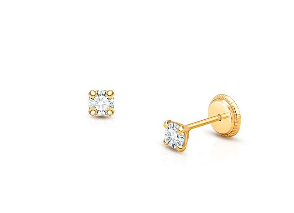3mm CZ Round Studs, Christening/Baptism Baby/Children’s Earrings, Screw Back – 14K Gold