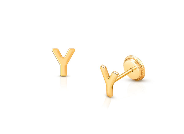 ‘Y’ Initial Studs Personalized Baby/Children’s Earrings, Screw Back – 14K Gold