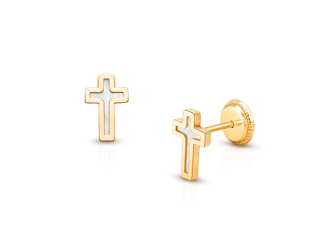 Genuine Faith, Mother of Pearl Cross Christening/Baptism Baby/Children’s Earrings, Screw Back – 14K Gold