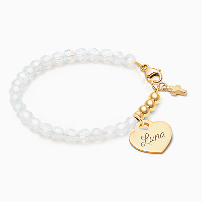 tB® Signature Crystal™ White Opal, First Holy Communion Beaded Bracelet for Girls (INCLUDES Engraved Charm) – 14K Gold