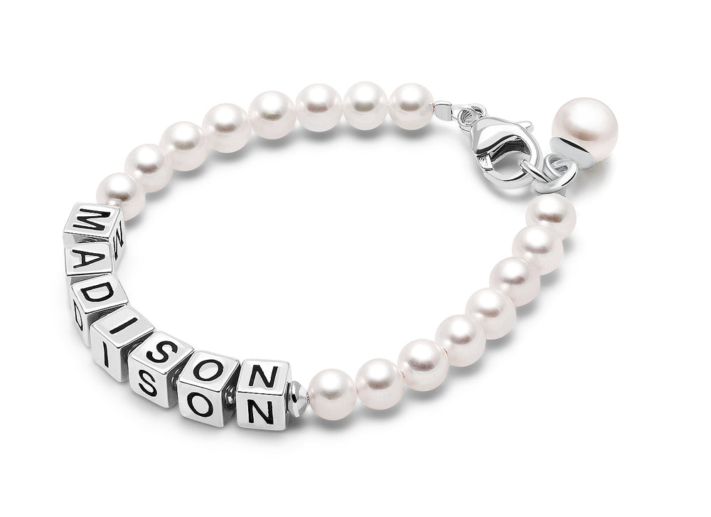 4mm Cultured Pearls, Baby/Children’s Name Bracelet for Girls (Includes Pearl Charm) – Sterling Silver