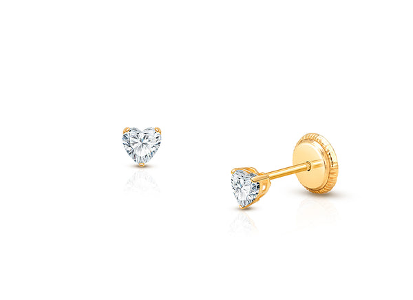 Teeny Tiny Heart Studs, 3mm Clear CZ Christening/Baptism Baby/Children’s Earrings, Screw Back – 14K Gold