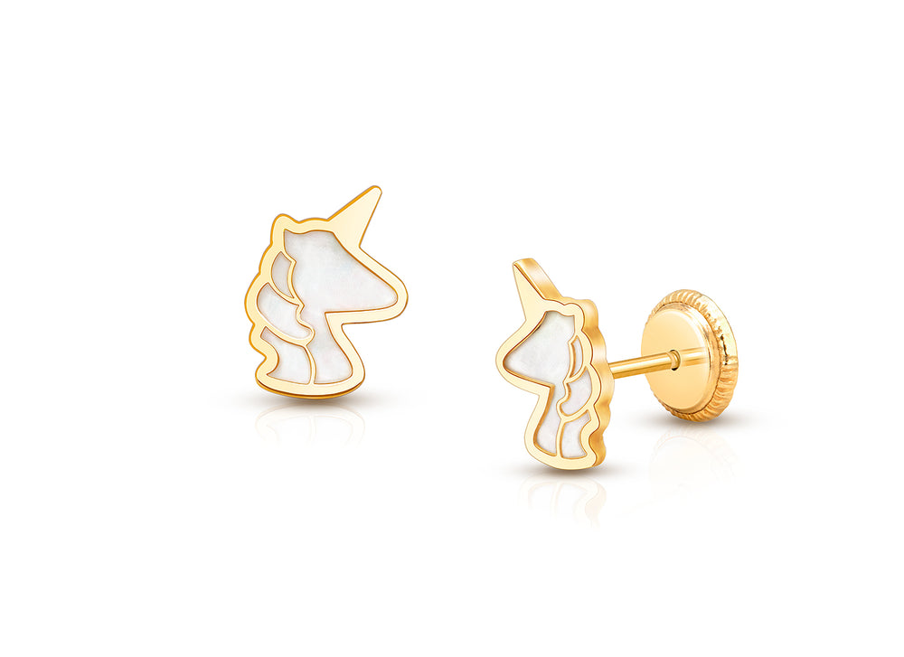 Genuine Magic, Mother of Pearl Unicorn Baby/Children’s Earrings, Screw Back – 14K Gold