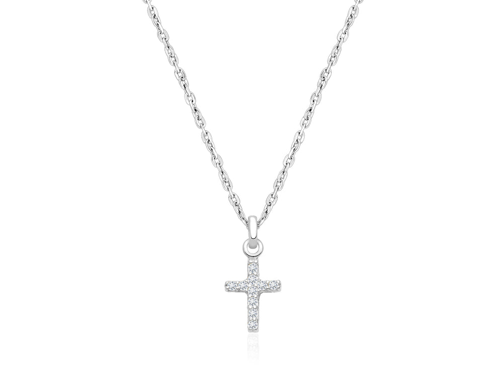 Miraculous Cross, Modern Pavé CZ Children’s Necklace for Girls – 14K White Gold