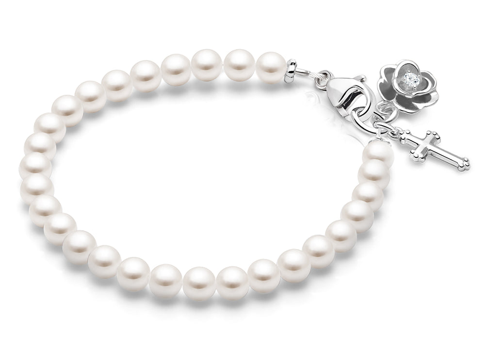 4mm Cultured Pearls, First Holy Communion Beaded Bracelet for Girls – Sterling Silver