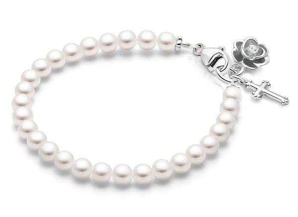 4mm Cultured Pearls, First Holy Communion Beaded Bracelet for Girls – Sterling Silver