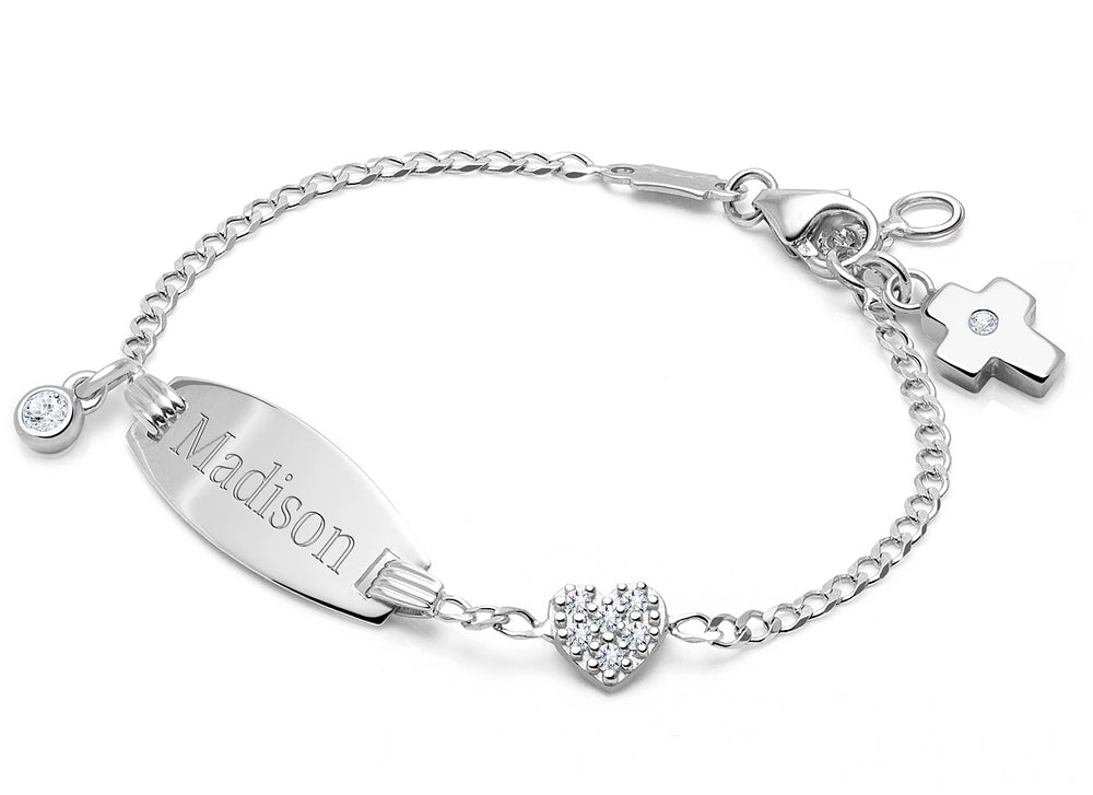Pavé Heart, Christening/Baptism Baby/Children’s Engraved ID Bracelet for Girls – 14K White Gold