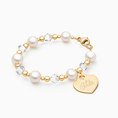 5mm Cultured Pearls, Teen’s Beaded Bracelet for Girls (INCLUDES Engraved Charm) – 14K Gold