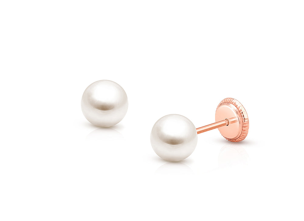 5mm Pearl Studs, First Holy Communion Children’s Earrings, Screw Back – 14K Rose Gold