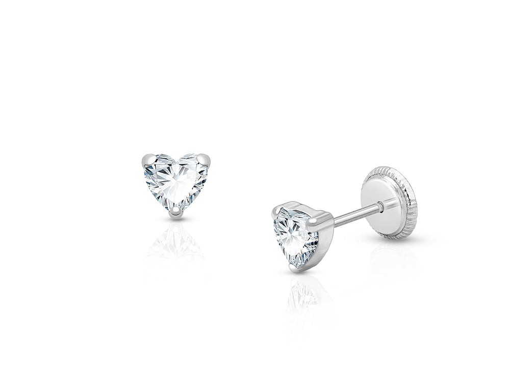 Heart Studs, 4mm Clear CZ First Holy Communion Children’s Earrings, Screw Back – 14K White Gold