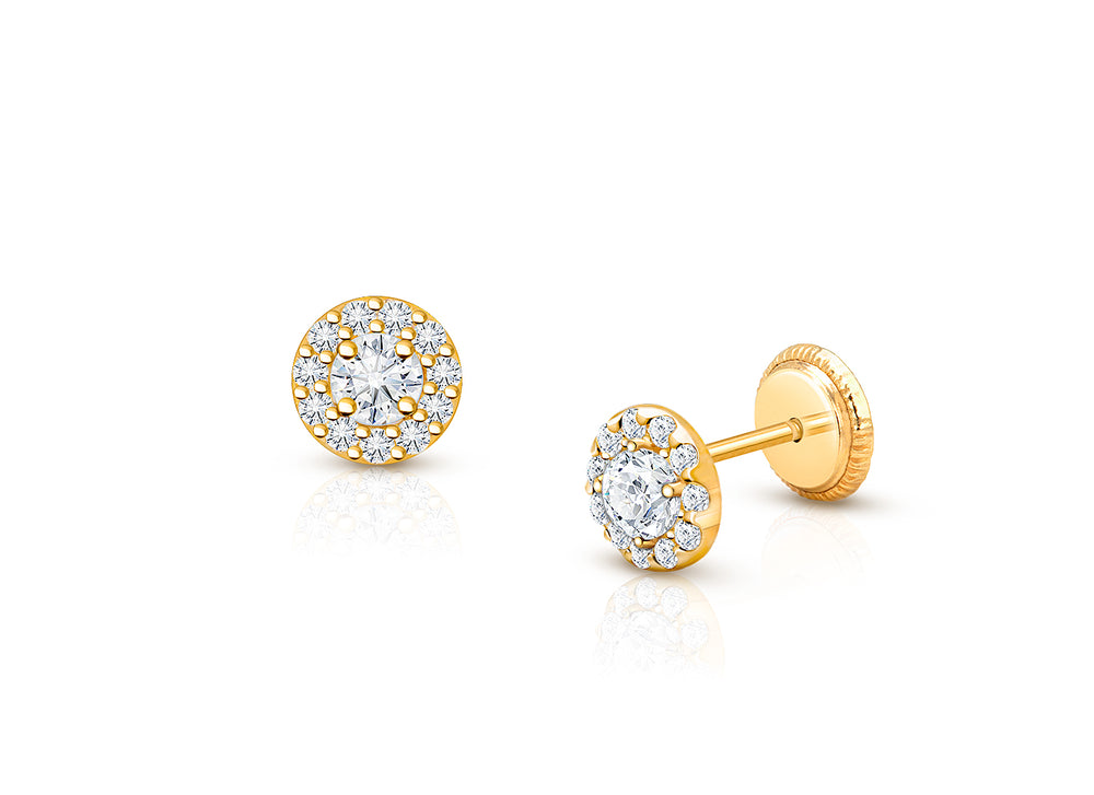 Brilliant Halo, Clear CZ Baby/Children’s Earrings, Screw Back – 14K Gold