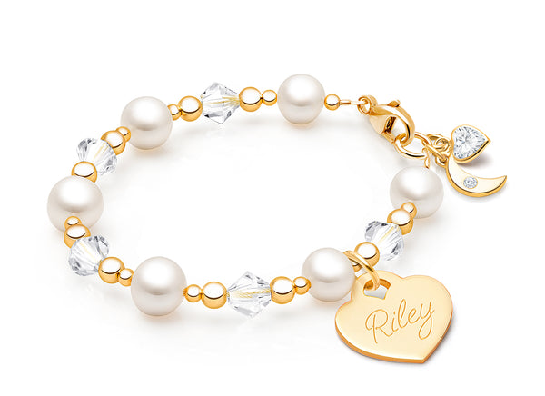 Precious Pearls, Teen’s Beaded Bracelet for Girls (INCLUDES Engraved Charm) – 14K Gold