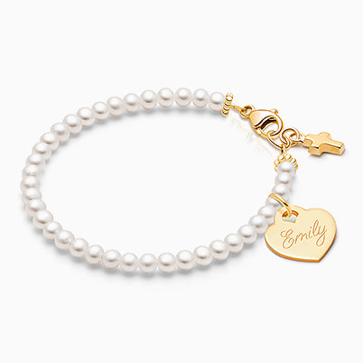 Pavé Heart, Christening/Baptism Baby/Children’s Engraved ID Bracelet for Girls – 14K White Gold