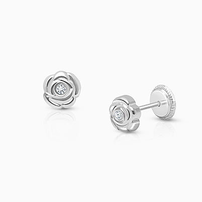 Ruffled Petals with Pearl Baby/Children’s Earrings, Screw Back – 14K White Gold