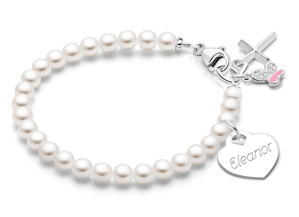4mm Cultured Pearls, Christening/Baptism Baby/Children’s Beaded Bracelet for Girls (INCLUDES Engraved Charm) – Sterling Silver