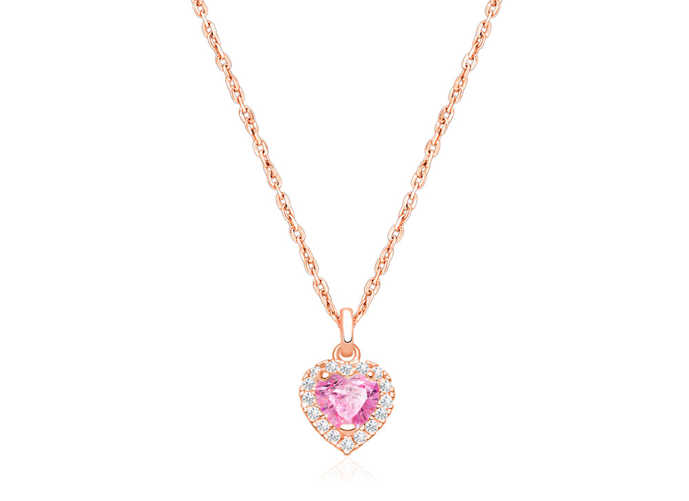 Blissful Heart, Pink/Clear CZ Halo, Teen’s Necklace for Girls – 14K Rose Gold