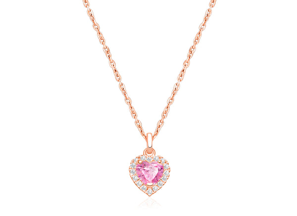 Blissful Heart, Pink/Clear CZ Halo, Teen’s Necklace for Girls – 14K Rose Gold