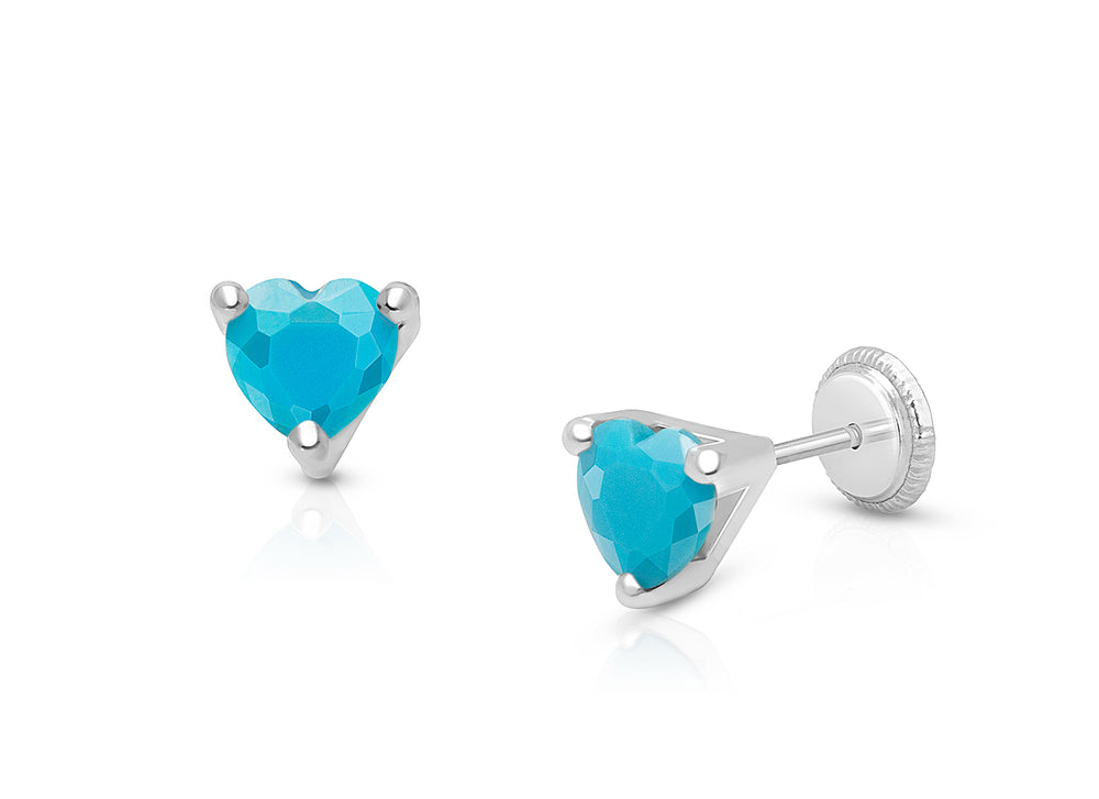 Simple Heart Studs, 5mm Turquoise CZ Teen’s Earrings, Screw Back – 14K White Gold