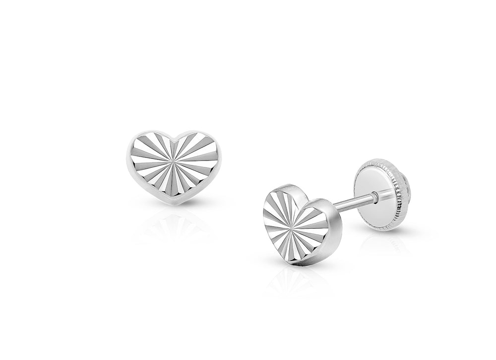 Diamond Cut Heart, Christening/Baptism Baby/Children’s Earrings, Screw Back – 14K White Gold