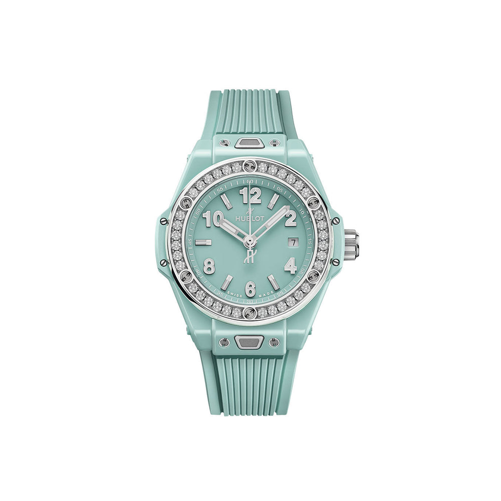 Unworn Big Bang One Click Mint Green Ceramic Diamonds 33, 485.GS.5271.RX.1204, box and papers