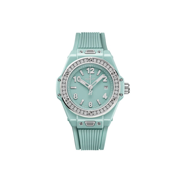 Unworn Big Bang One Click Mint Green Ceramic Diamonds 33, 485.GS.5271.RX.1204, box and papers
