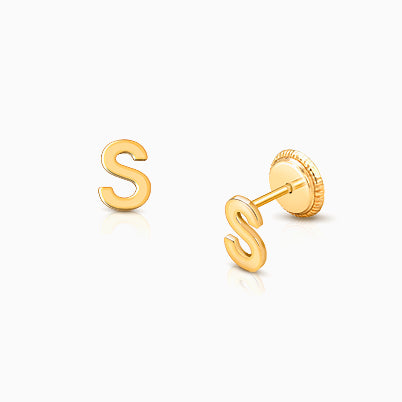 ‘S’ Initial Studs Personalized Baby/Children’s Earrings, Screw Back – 14K Gold