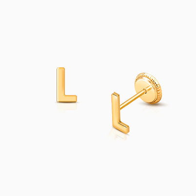‘L’ Initial Studs Personalized Baby/Children’s Earrings, Screw Back – 14K Gold